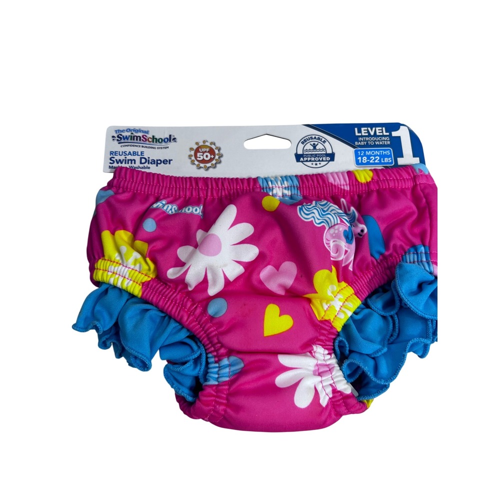 SwimSchool Reusable Swim Diaper 12M Pink Floral Ruffle UPF 50+ Baby Girl